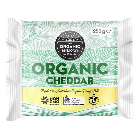 A 250g package of Organic Cheddar cheese from The Organic Milk Co. Australia, featuring a white and green illustrated design with a yellow band at the bottom.