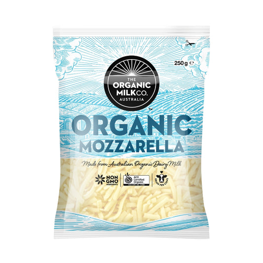 A 250g bag of The Organic Milk Co. Organic Mozzarella cheese, showing the shredded cheese through a clear window on a white background.
