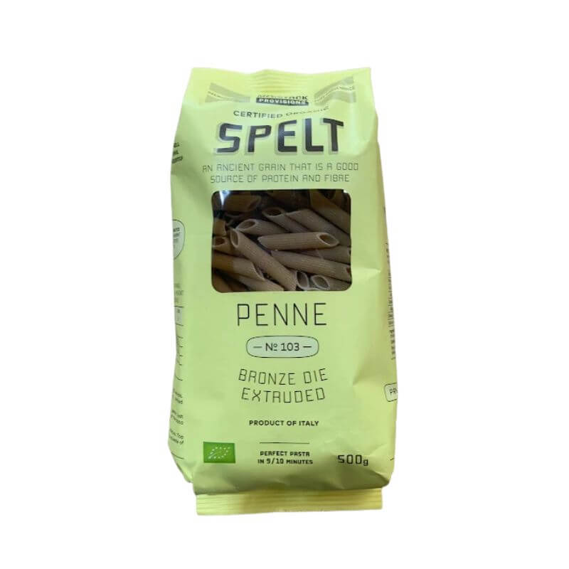 The stock merchant spelt penne pasta 500gm, featured in the Joy Wholefoods online store.