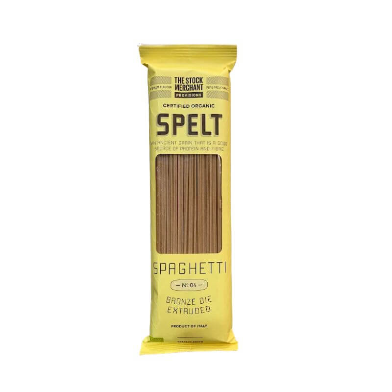 The stock merchant spelt spaghetti pasta 500gm, featured in the Joy Wholefoods online store.