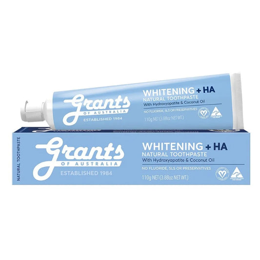 A tube of Grants of Australia Whitening + HA natural toothpaste resting on top of its matching blue and white retail box, shown against a plain white background.