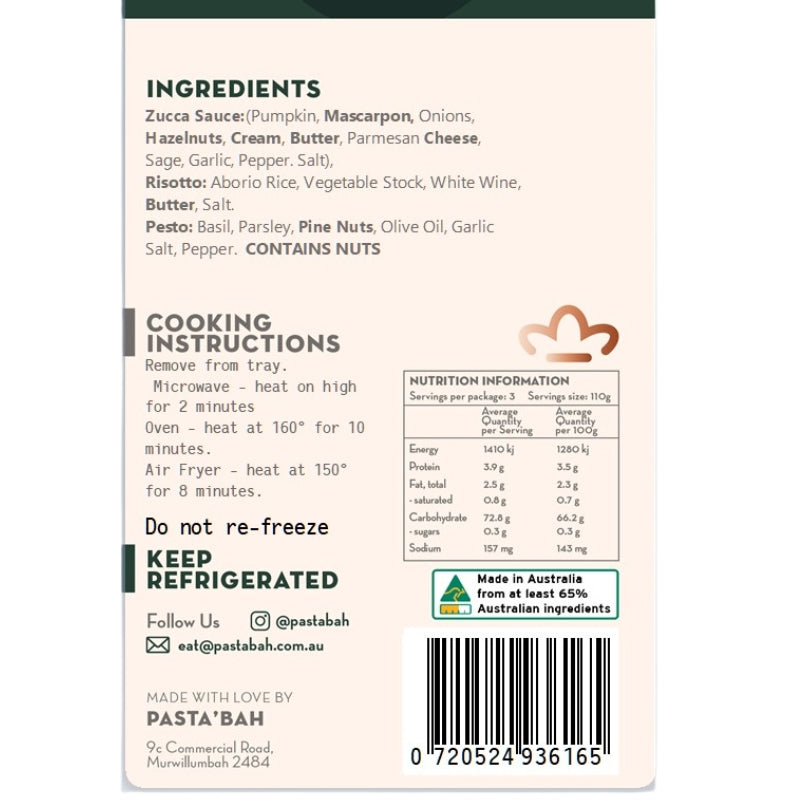 Back of a Pasta'Bah frozen food package showing ingredients, cooking instructions, nutrition information, barcode, and Australian origin label on a white background.