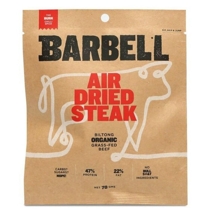 Barbell Air Dried Steak Biltong Organic Grass Fed Brisbane Chilli, part of the Joy Wholefoods organic range.