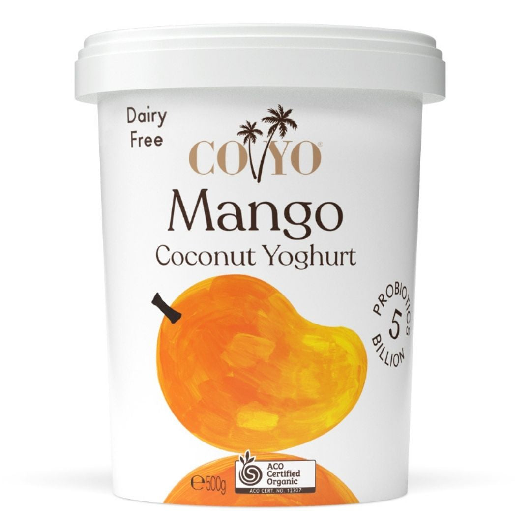 COYO Coconut Yoghurt 500g Mango Vegan Organic Brisbane, available from Joy Wholefoods.