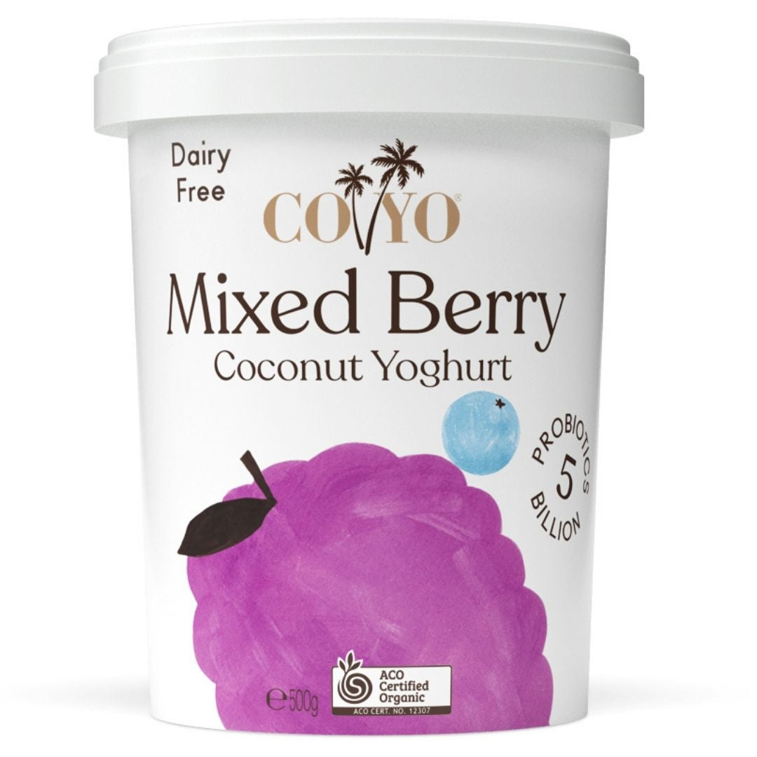 COYO Coconut Yoghurt 500g Mixed Berry Brisbane Natural, part of the Joy Wholefoods organic range.