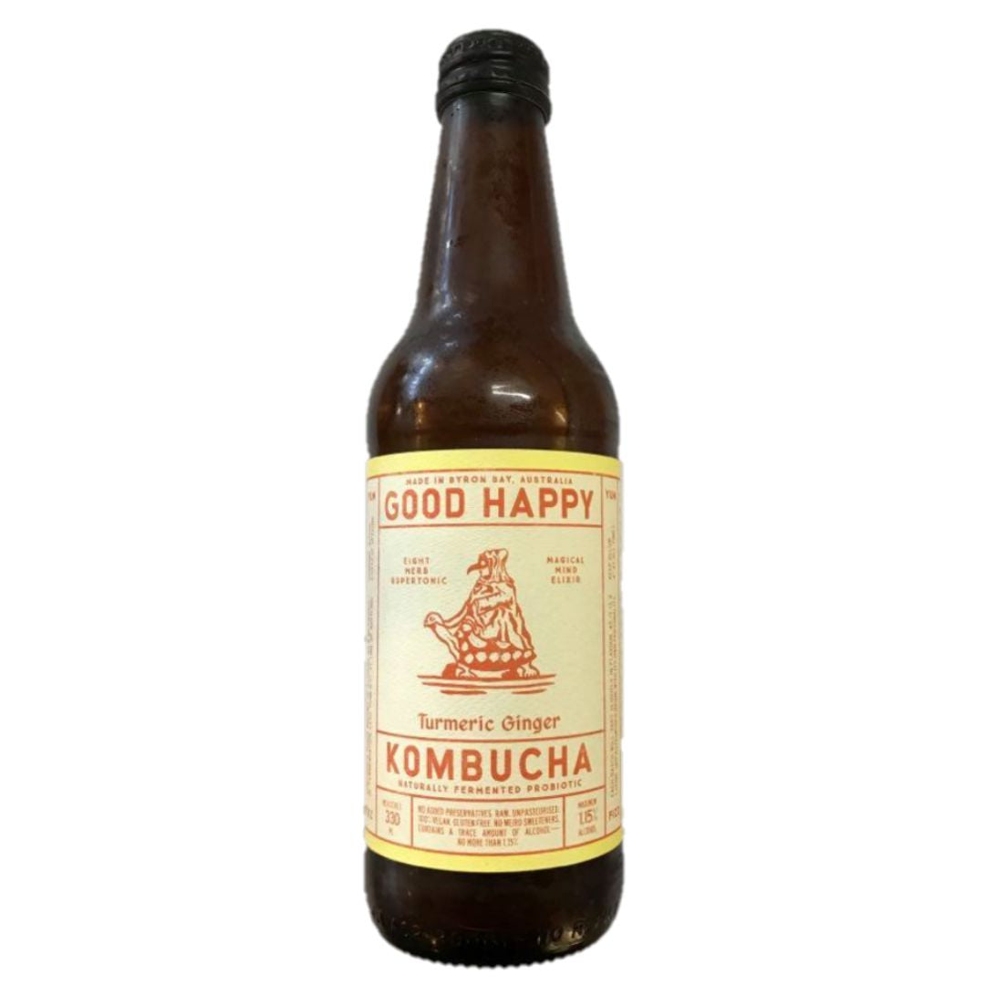Good Happy Ginger Turmeric Kombucha Brisbane, part of the Joy Wholefoods organic range.