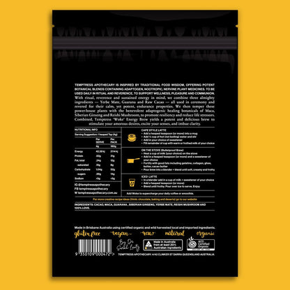 Woke organic energy brew coffee replacement, back of pack nutrition and ingredients, stocked at Joy Wholefoods.