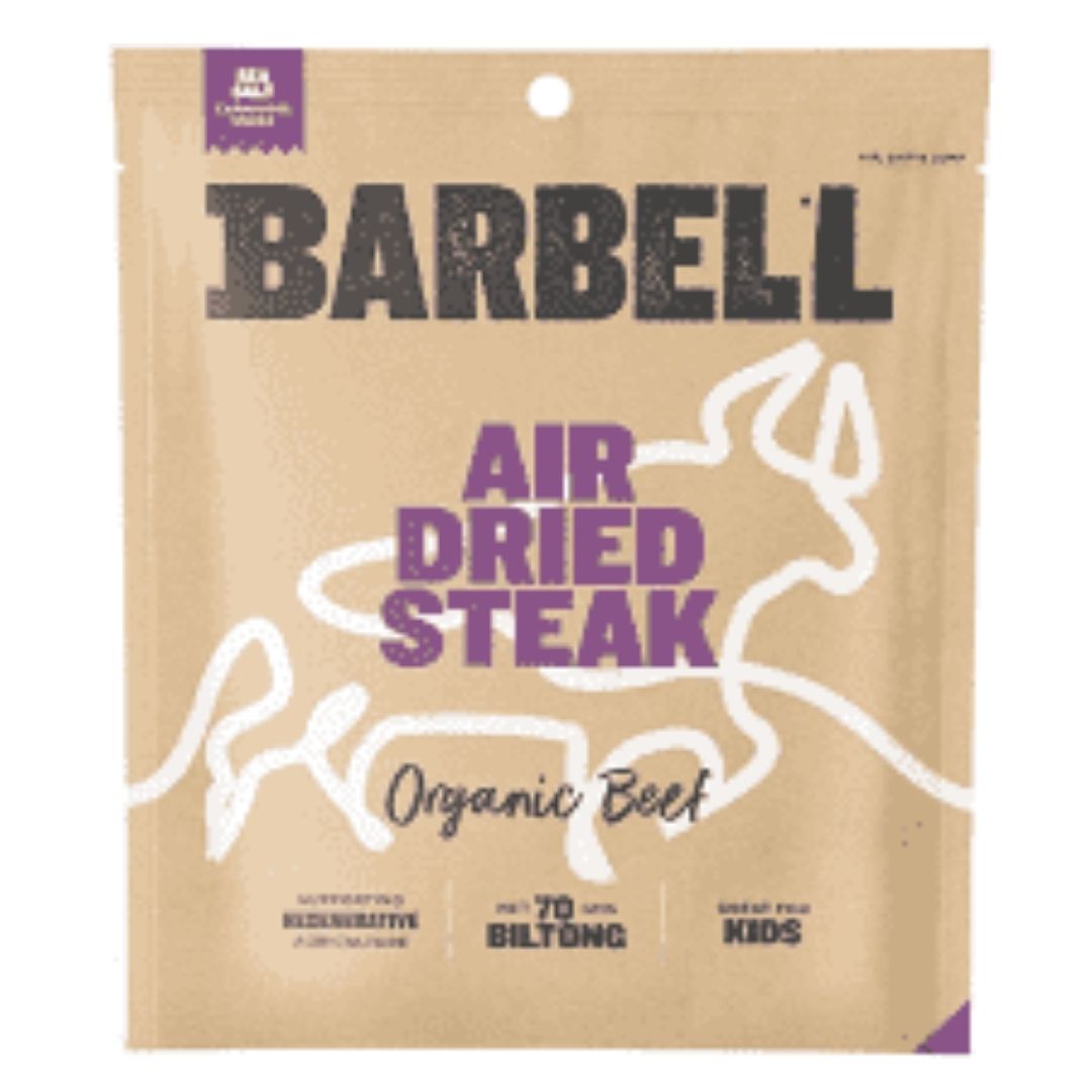 Barbell sea salt air dried steak biltong organic Brisbane 70gm png, part of the Joy Wholefoods organic range.
