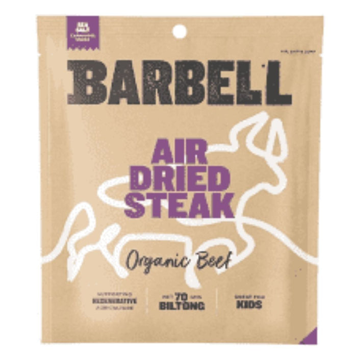 Barbell sea salt air dried steak biltong organic Brisbane 70gm png, part of the Joy Wholefoods organic range.