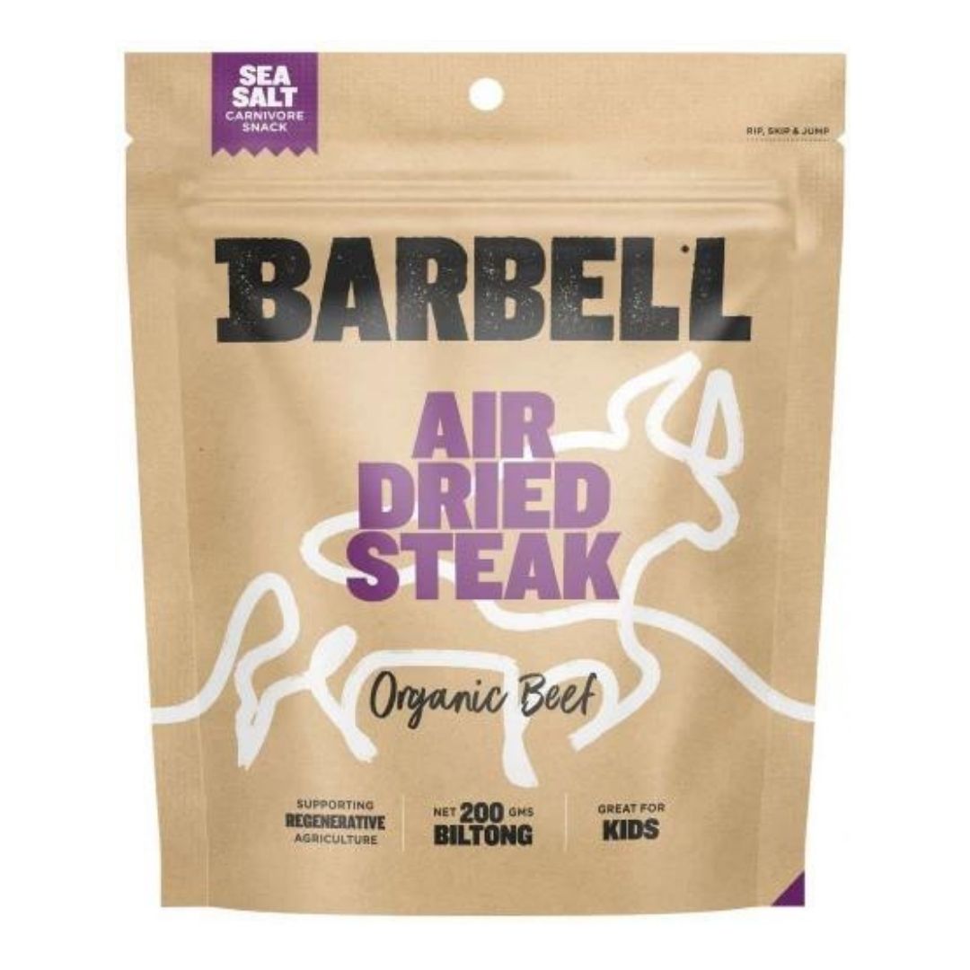 Barbell sea salt air dried steak biltong organic Brisbane webp, delivered fresh by Joy Wholefoods.
