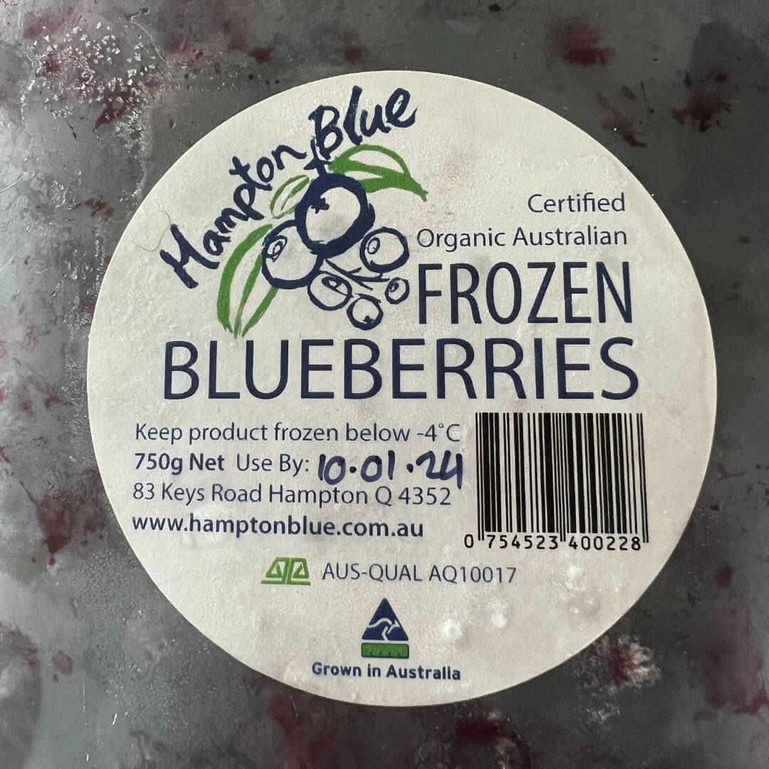 Hampton blue frozen blueberries organic Australian Brisbane, part of the Joy Wholefoods organic range.